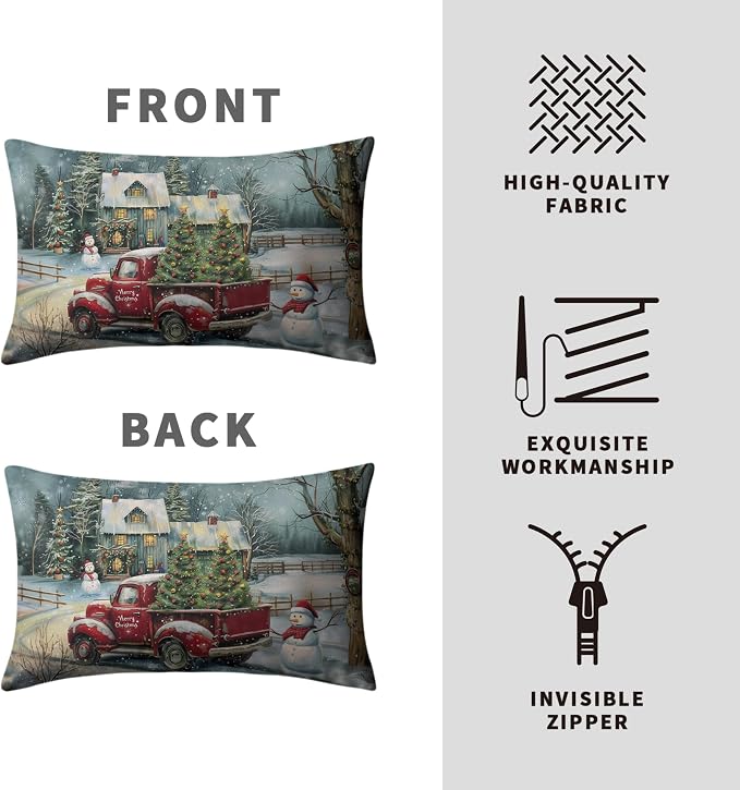Christmas Lumbar Pillow Covers 12x20 Red Truck with Christmas Trees Snowman Rectangle Pillow Case Xmas Holiday Waist Cushion Case for Bedding Couch Patio Bench Set of 2