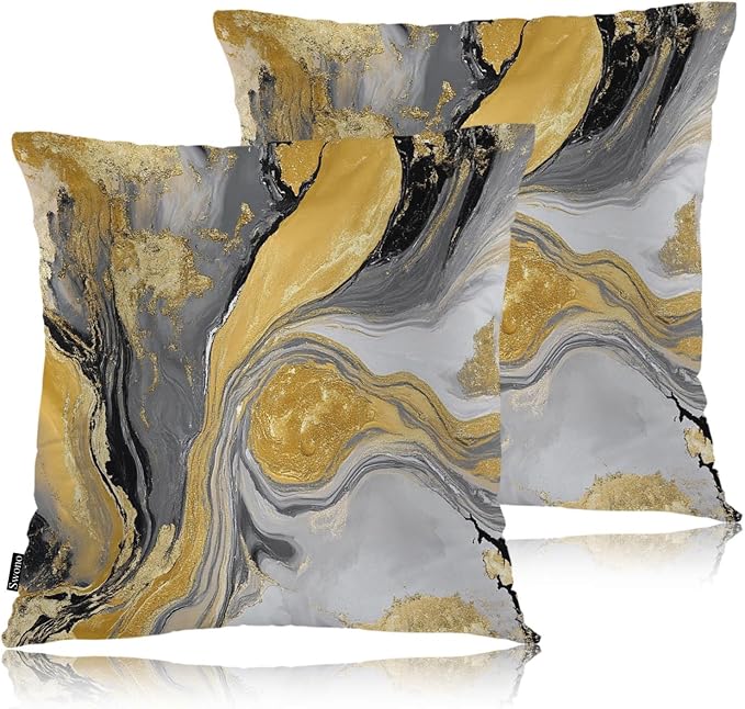 Swono Marble Pillow Covers, Abstract Splash Golden Black Ink Marble Decorative Pillow Case Home Sofa Cushion Set, Pillow Cushion Cases for Bed/Patio/Garden/Balcony, 2-Pack, 18x18 Inch
