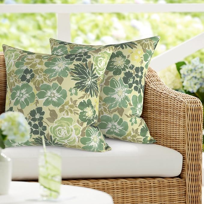 DYTXIII Pack of 2 Waterproof Outdoor Pillow with Inserts, 18x18 Square Patio Decorative Throw Pillow for Home,Sofa,Bench and Patio Furniture,Green Rose