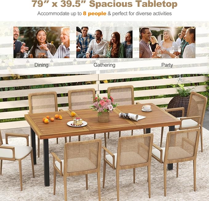 Tangkula 79" Acacia Wood Patio Dining Table for 8, Large 8-Person Outdoor Dining Table with 1.9" Umbrella Hole, Metal Legs & Adjustable Foot Pads, Rectangular Outside Table for Garden, Poolside & Yard