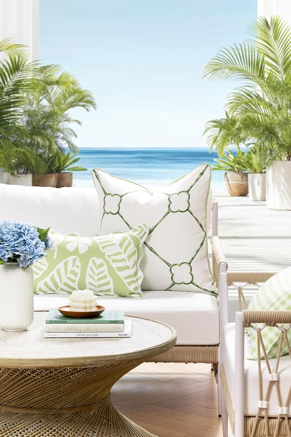Hofdeco Premium Coastal Hampton Patio Indoor Outdoor Lumbar Pillow Cover Only, 12"x20" Water Repellent for Backyard, Couch, Poolside, Grass Green Print Palm Leaves and Hisbucs Flowers