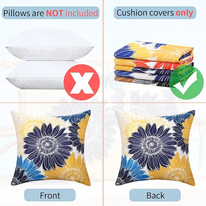 Outdoor Pillow Covers Summer Waterproof Sunflower Throw Pillow Covers 20x20 Decorative Blue Yellow Floral Cushion Covers Square Garden Throw Pillowcase Set of 2 for Patio Furniture Tent Balcony Bench