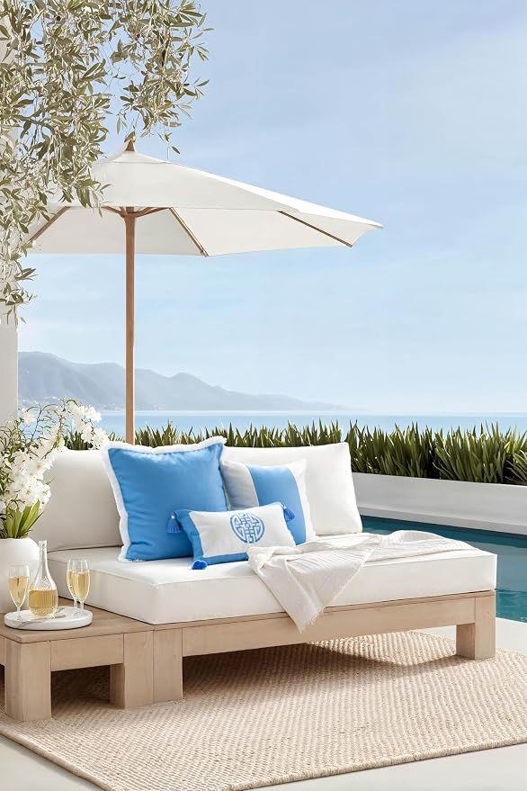 Hofdeco Premium Coastal Hampton Patio Indoor Outdoor Lumbar Pillow Cover Only, 12"x20" Water Repellent for Backyard, Couch, Poolside, Azure Blue Embroidered Double Happiness Symbol