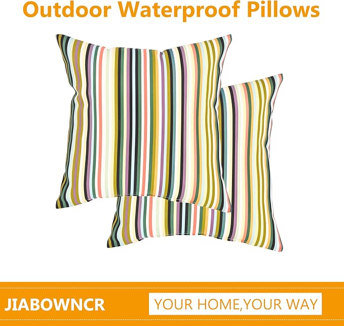 18" Outdoor Throw Pillows Set of 4, Waterproof & Fade Resistant Patio Furniture Pillows with Built-in Inserts, All-in-One Vibrant Multi Stripe Design for Sofa, Patio or Backyard Relaxation
