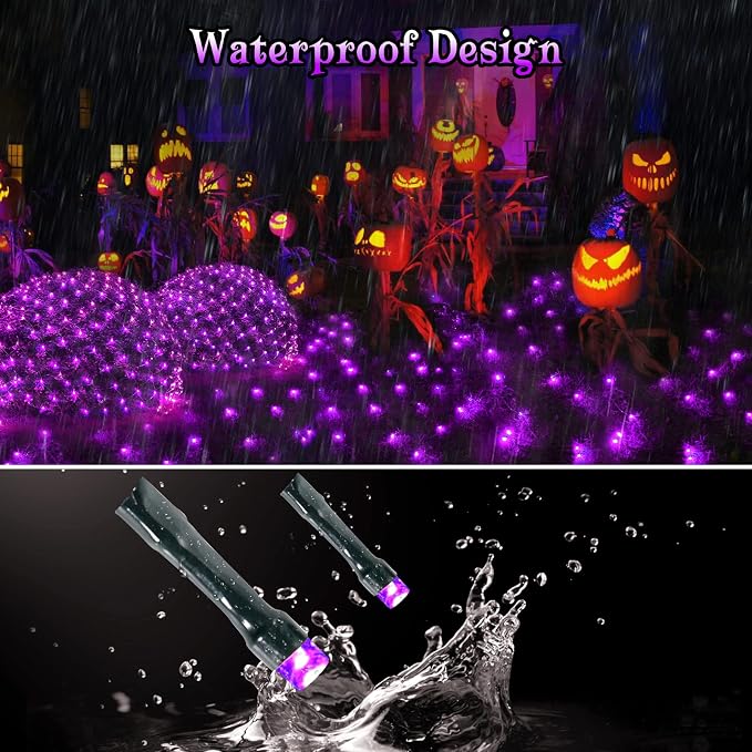 BlcTec Halloween Net Lights, 200 LED 8.4ft x 5.2ft Purple Halloween Lights with 8 Modes, Timer, Connectable, Waterproof and Green Wire Design for Trees, Bushes Outdoor Decorations