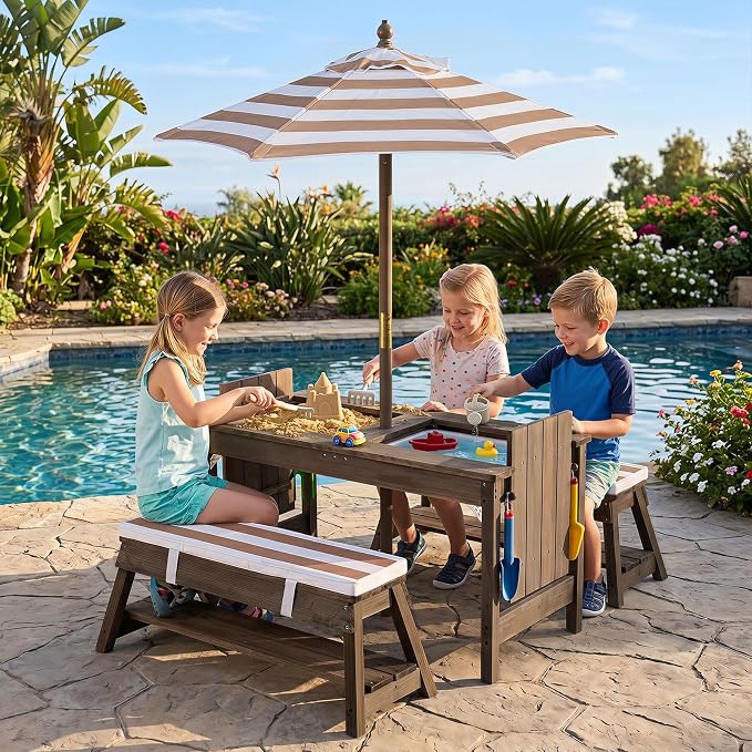 HONEY JOY Kids Picnic Table, 4 in 1 Fir Wood Toddler Sand & Water Table w/Removable Box & Umbrella, Waterproof Cover, Garden Tools, Children Outdoor Table and Bench Set with Cushions (Coffee)
