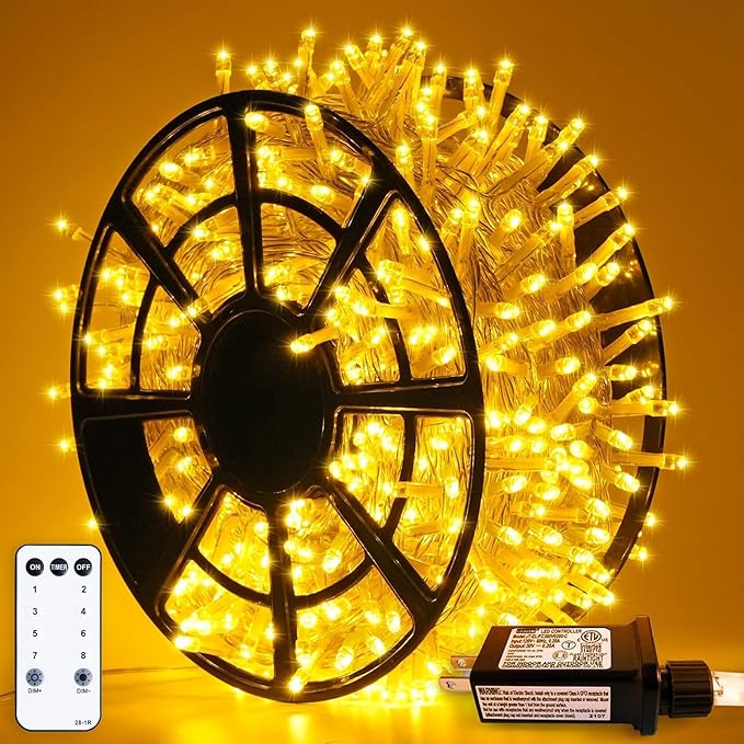 JMEXSUSS 163ft 500 LED Warm White Christmas Lights Indoor Outdoor | 8 Modes Clear Wire Plug-in String Lights Bedroom, 8 Modes Remote Control Christmas Tree Light for Bedroom Tree Classroom