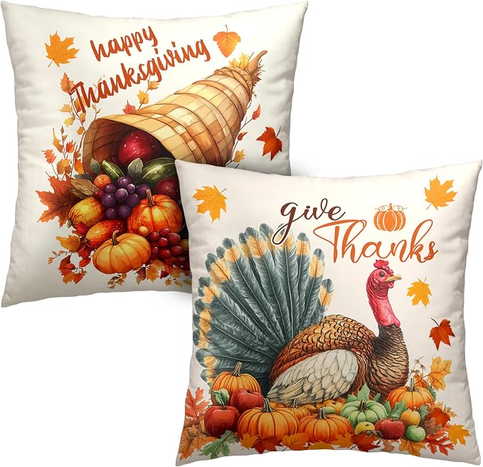 Set of 2 Thanksgiving Throw Pillow Covers 20x20 Turkey with Autumn Pumpkin Pillow Covers Fall Harvest Pillow Case Square Cushion Case for Living Room Couch