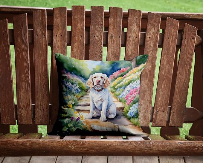 Caroline's Treasures Clumber Spaniel Spring Path Throw Pillow Machine Washable, Indoor Outdoor Decorative Pillow for Couch, Bed or Patio, 14Hx14W
