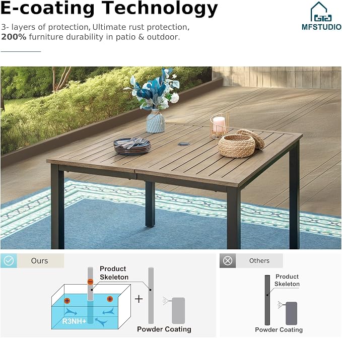 MFSTUDIO 42" Square Outdoor Dining Table, Patio Furniture Wood-Like Tabletop with Adjustable Umbrella Hole for Deck,Backyard,Lawn,Garden