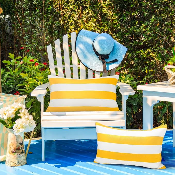 Lewondr 2 Pack Outdoor Throw Pillow Covers, 12"x20", Yellow + White | Lumbar Rectangle Stripe, Waterproof, For Outdoor Patio Porch Farmhouse Garden Balcony Couch, 30x50cm