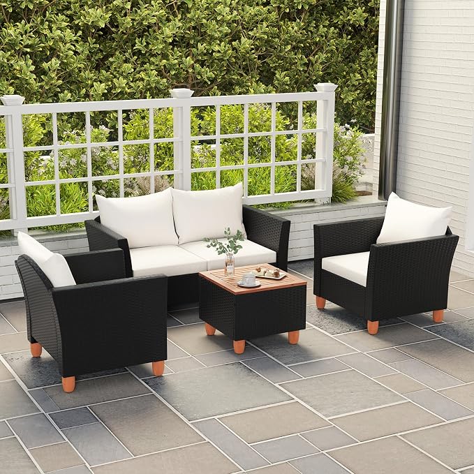 Tangkula 4 Piece Outdoor Conversation Set, Patio Cushioned Chairs w/Storage Coffee Table, Acacia Wood Tabletop & Chair Legs, Patio Wicker Furniture Set for Poolside, Lawn, Porch (1, Off White)