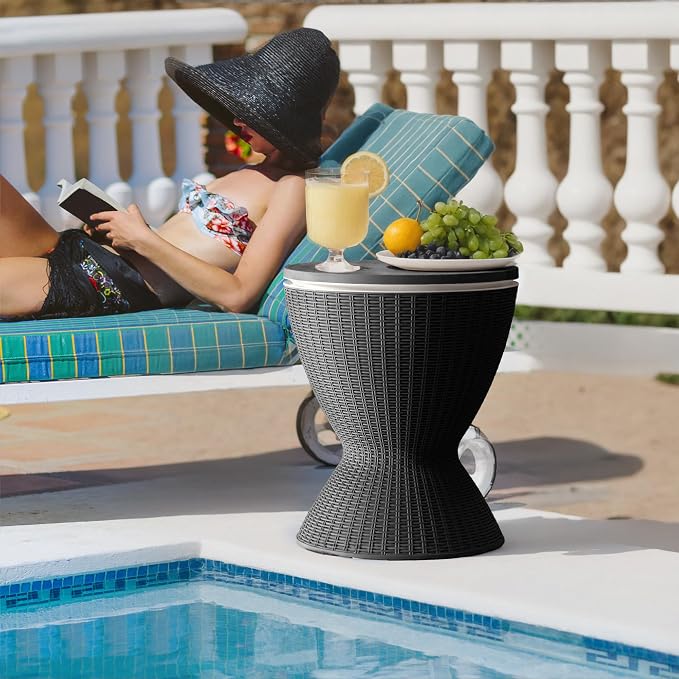 Outdoor Cool Bar Table 8 Gallon Portable Cooler Side Table,3-in-1 Cocktail Coffee Table Rattan Style,Sturdy, Waterproof & UV Resistant,Easy to Assemble & Clean for Indoor & Outdoor Use(Black)