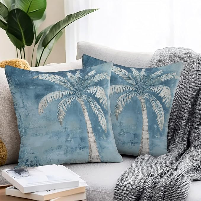 Coastal Beach Tree Blue Grey Outdoor Waterproof Pillow Covers, Vintage Summer Palm Tree Decorative Square Throw Pillowcase, Tropical Botanical Sofa Cushion Sham for Patio/Couch/Chair, 18"x18" 2 Pack