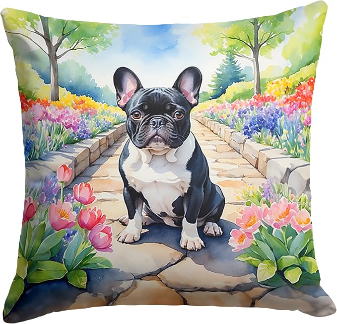 Caroline's Treasures French Bulldog Spring Path Throw Pillow Machine Washable, Indoor Outdoor Decorative Pillow for Couch, Bed or Patio, 18Hx18W