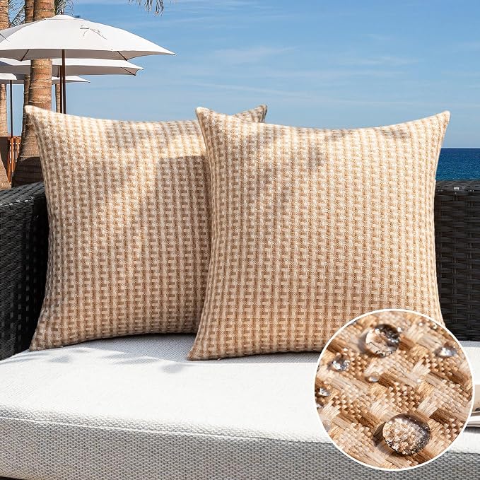 Kevin Textile Outdoor Waterproof 16"x16" Pillow Covers 2 Pack, Light Brown | Water Resistant Weaving Faux Linen Texture Throw Pillow Covers, Outside Decorative Pillowcases for Garden Patio Balcony Couch