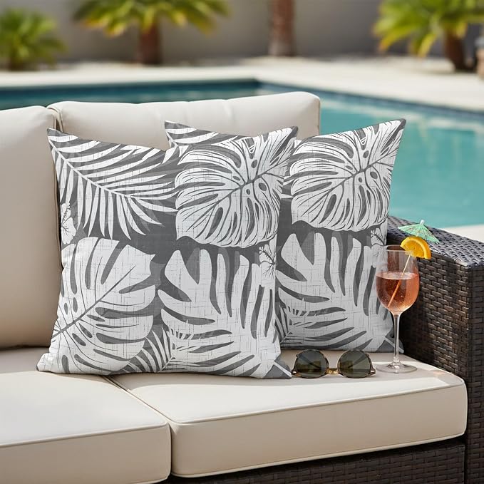 Grey Palm Leaves Outdoor Pillow Covers 26"x26" Set of 2, Tropical Botanical Modern Minimalist Waterproof Throw Pillow Covers for Patio Furniture, Decorative Cushion Covers for Porch