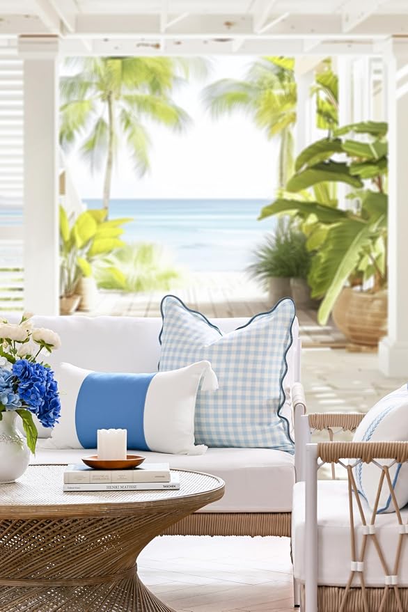 Hofdeco Premium Coastal Hampton Patio Indoor Outdoor Lumbar Pillow Cover Only, 12"x20" Water Repellent for Backyard, Couch, Poolside, Azure Blue Print Color Block