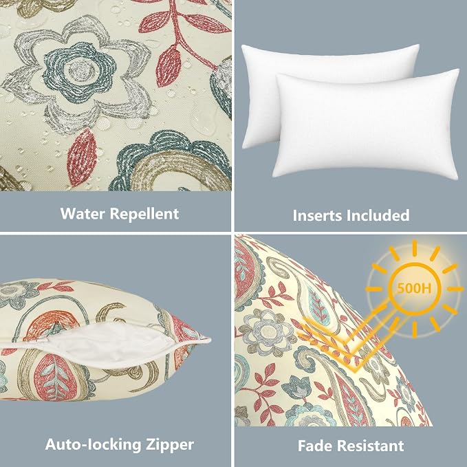 LVTXIII 2 Pack Outdoor Lumbar Pillows 12x20 Inch with White Piping, Fade Resistant Support Throw Pillows with Inserts for Patio Furniture, Sofa, Chair, Paisley Vintage