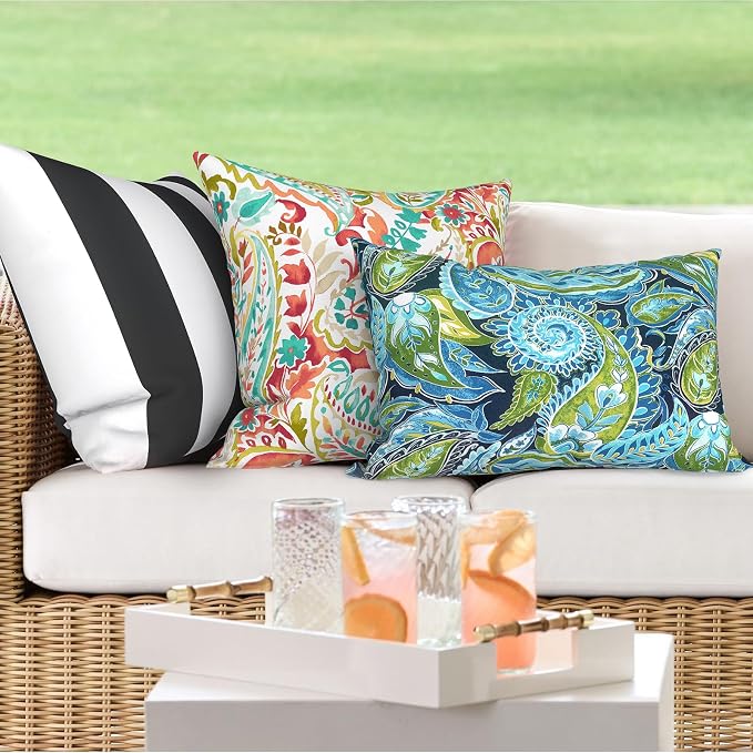 DYTXIII Pack of 2 Outdoor Waterproof Lumbar Pillow Covers ONLY, 12x20 Rectangle Decorative Double Printed Pillow Cases for Patio Couch Porch Furniture - Paisley Lapis Green
