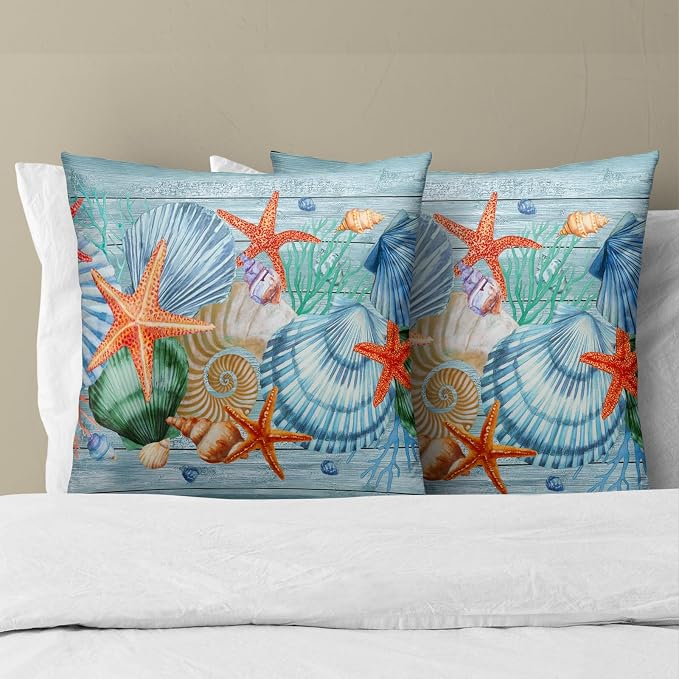 Nautical Coastal Starfish Throw Pillow Covers 22x22 Set of 2, Summer Ocean Beach Coral Wood Decorative Pillow Cases Cotton Cushion Cover for Home Sofa Couch Wedding Anniversary Decor