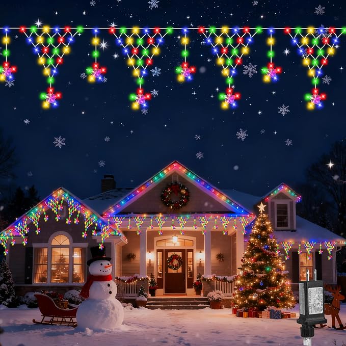 Christmas Icicle Lights, Outdoor Christmas Lights, 13.8FT 218 LED 8 Modes Curtain String Light, Plug-in LED Fairy Light for Wedding, Party, Indoor, Christmas Decoration - Multicolored