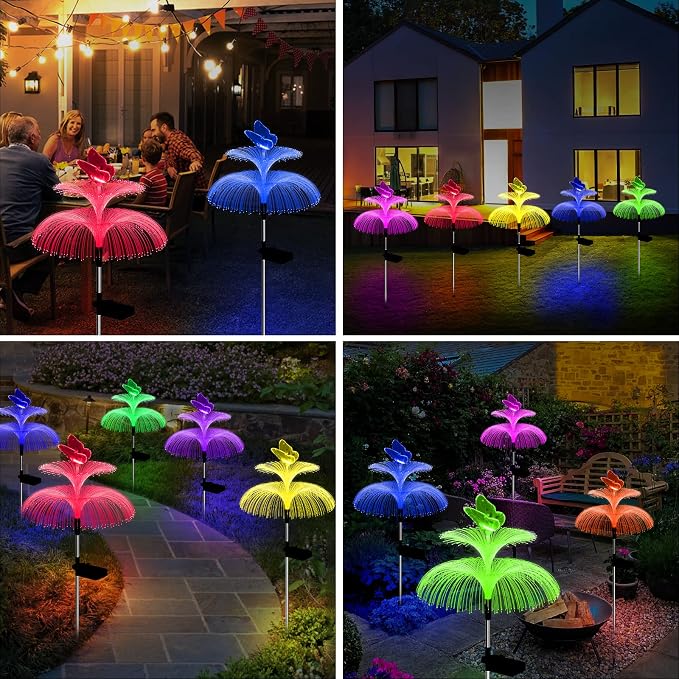 Weepong Solar Garden Lights Waterproof 3 Pack Solar Lights Outdoor Decorative 7 Color Changing Double Jellyfish and Butterfly Flower Garden Decor Yard Christmas Pool Outdoor, Gifts for Mother's Women