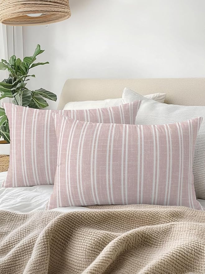 Waterproof Outdoor Pillow 1 Pack Red Linen Striped Decorative Throw Pillows Cover & Insert 20x12 Inch Lumbar Pillowcase Vertical Stripes Lines Pillows for Couch Sofa Bed Patio Furniture Indoor Outdoor