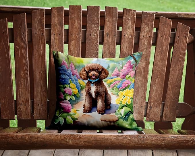 Caroline's Treasures Chocolate Poodle Spring Path Throw Pillow Machine Washable, Indoor Outdoor Decorative Pillow for Couch, Bed or Patio, 14Hx14W