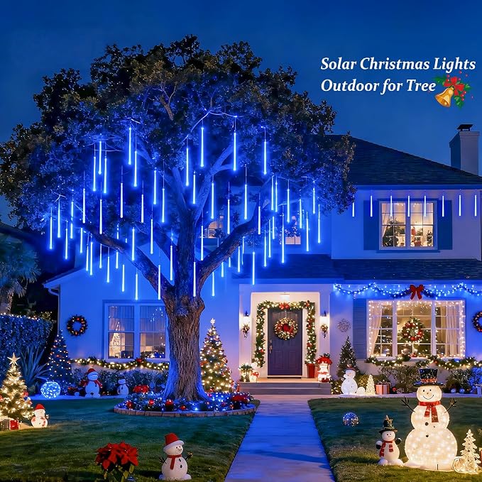JMEXSUSS Solar Lights for Outdoor Decor, Solar Meteor Shower Lights Outdoor | 8 Tube 144 LEDs , Hanging Blue Christmas Lights for Tree Yard Icicle Garden Patio Gazebo Eaves Front Porch Decor
