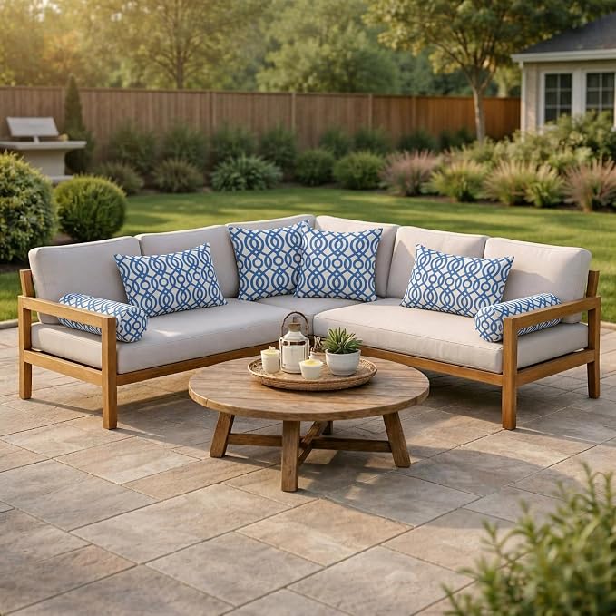 RSH DECOR: 6-Pack Pillow Set | Water & Fade-Resistant | 17" Square, 20" x 12" Lumbar, 20" x 6" Neck Roll Pillows | Outdoor Pillows for Patio Furniture | Made in USA (Capilla Blue)