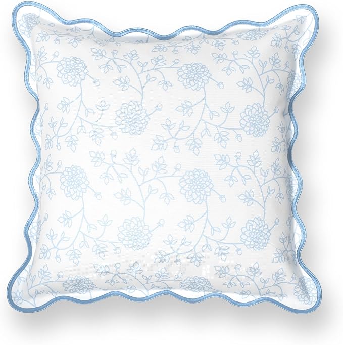 Hofdeco Premium Coastal Patio Indoor Outdoor Scalloped Throw Pillow Cover Only, 20"x20" Water Repellent for Backyard, Couch, Baby Blue Print Dahlia Floral