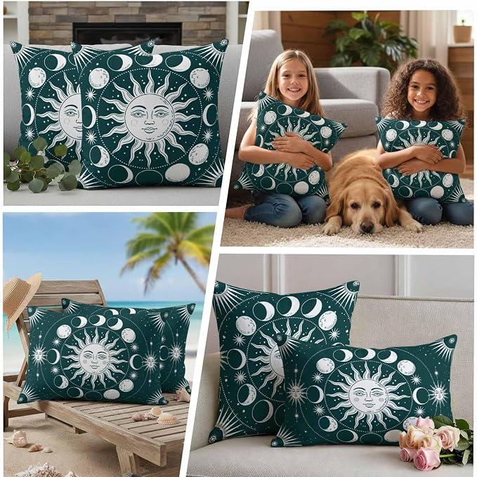 Celestial Sun and Moon Waterproof Outdoor Pillow Covers Set of 2 Home Decor, Green Starry Galaxy Boho Pillowcase Patio Pillow Covers for Couch Bench Patio Furniture Garden 16x16in