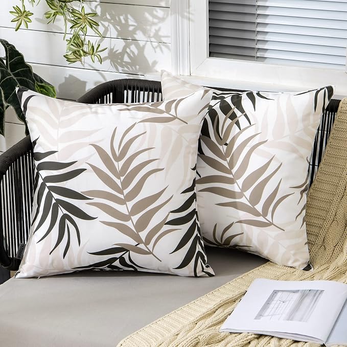 MIULEE Outdoor Waterproof Throw Pillow Covers 18x18 Coffee Brown Pack of 2 | Decorative Patio Pillow Cases Natural Leaves Pattern Spring Square Cushion Shams Shell for Garden Balcony Couch