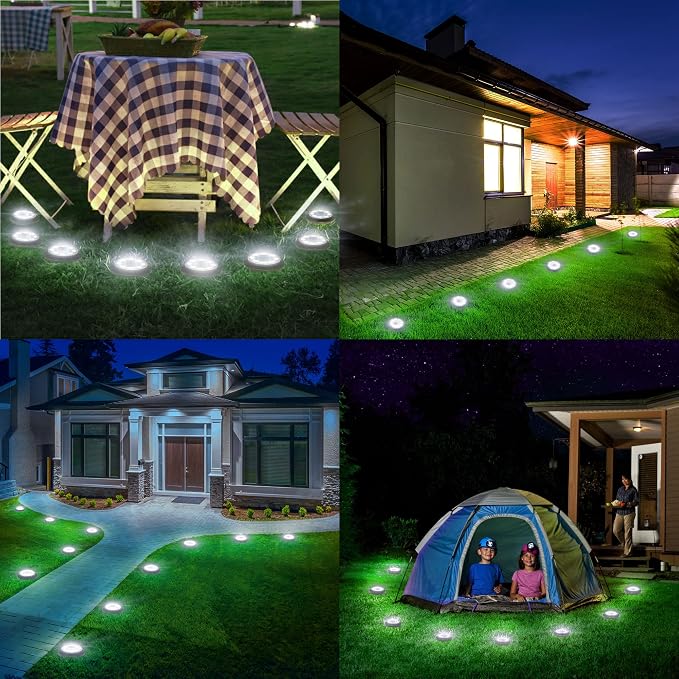 Flacchi Solar Lights Outdoor Waterproof - 2-in-1 Solar Powered Ground Lights Outdoor Solar Disk Light Landscape Light for Deck Step Patio Yard Pathway Walkway Driveway Garden (Cool White, 8 Pack)