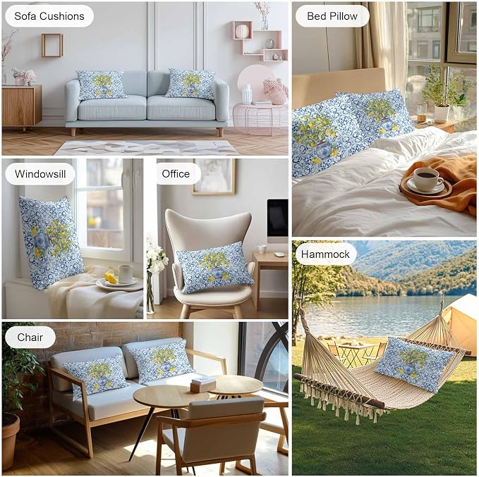 Summer Lemons Outdoor Pillow Covers 20x12 Inch Lumbar Pillow Covers Set of 2 Waterproof Decorative Throw Pillow Cases Blue Boho Floral Farmhouse Botanical Cushion Covers for Patio Furniture Garden