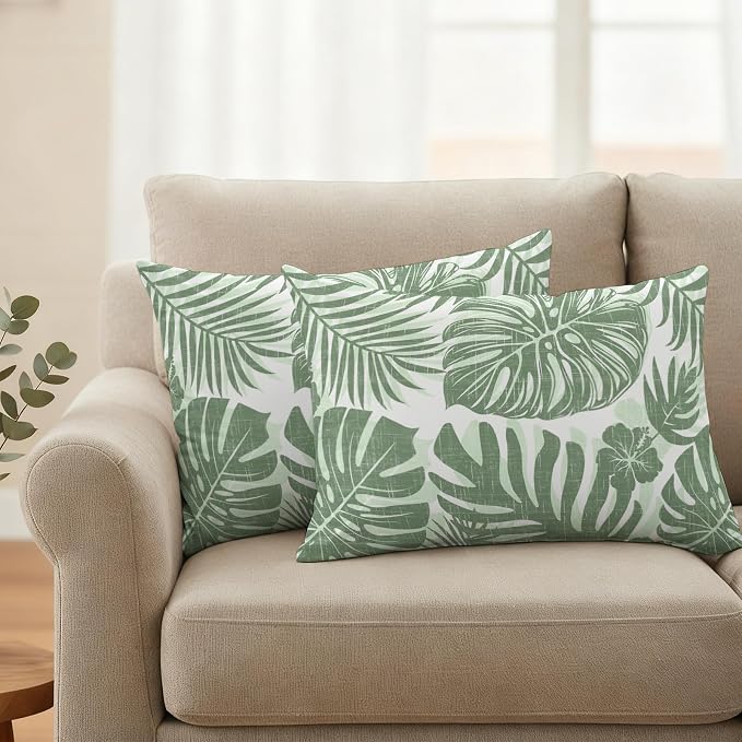 Green Palm Leaves Outdoor Pillow Covers 20"x12" Set of 2, Tropical Botanical Minimalist Modern Waterproof Throw Pillow Covers for Patio Furniture, Decorative Cushion Covers for Porch
