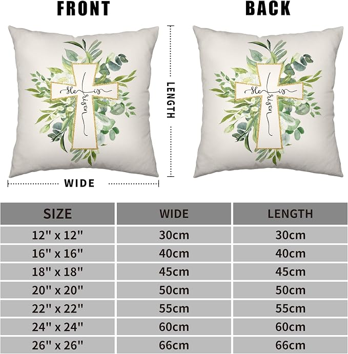 Spring Green Wreath Garland Throw Pillow Covers Easter Bunny Rabbit Pillow Case 20x20 He is Risen Cross Cushion Case for Living Room Home Decor Outdoor Car Set of 2