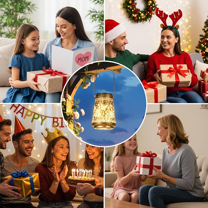 2 Pack Solar Lanterns Outdoor Waterproof, Birthday Gifts for Women Mom | Hollow-Out Metal Butterflies Lantern, 2 Lighting Modes, Outside Hanging Solar Lights for Christmas Decorations, Garden Decor