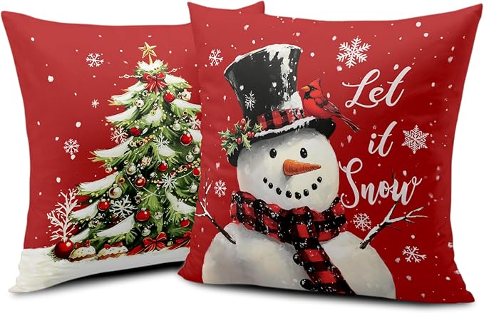 Red Christmas Pillow Covers Snowman Throw Pillow Covers Xmas Tree Pillow Case 20x20 Winter Snowflakes Cotton Blend Cushion Case for Holiday Decor Couch Sofa 2 Pack
