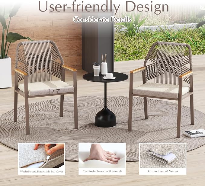 Aluminum Outdoor Patio Dining Chairs - Imitation Rope Vine Chair Ergonomic Backrest Design Detachable Seat Cushion Soft and Breathable Garden Porch, Light Brown 2Pcs