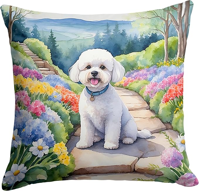 Caroline's Treasures Bichon Frise Spring Path Throw Pillow Machine Washable, Indoor Outdoor Decorative Pillow for Couch, Bed or Patio, 14Hx14W