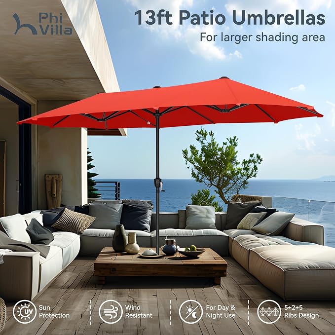 PHI VILLA 8 Pcs Outdoor Dining Set with 13ft Umbrella, Mesh Patio Chairs | 59'' rectangular metal table, 2 swivel & 4 fixed patio chairs and 13ft orange red umbrella(NO BASE) for deck, garden, yard