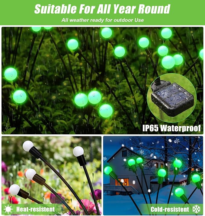 Solar Garden Lights Outdoor Waterproof, Swaying Firefly Light, Garden Decor | 4 Pack Solar Firefly Lights, Auto On/Off Decor for Yard, Patio, Pathway and Lawn, Gifts for Women, Christmas Decor (Green)