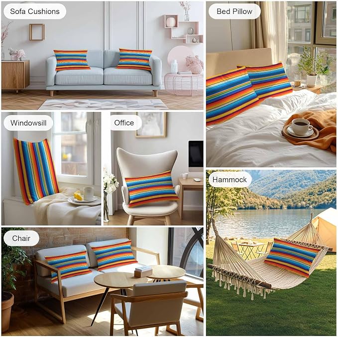 Colorful Striped Outdoor Pillow Covers 20x12 Inch Lumbar Pillow Covers Set of 2 Waterproof Decorative Throw Pillow Cases Boho Rainbow Abstract Stripes Lines Cushion Covers for Patio Furniture Garden