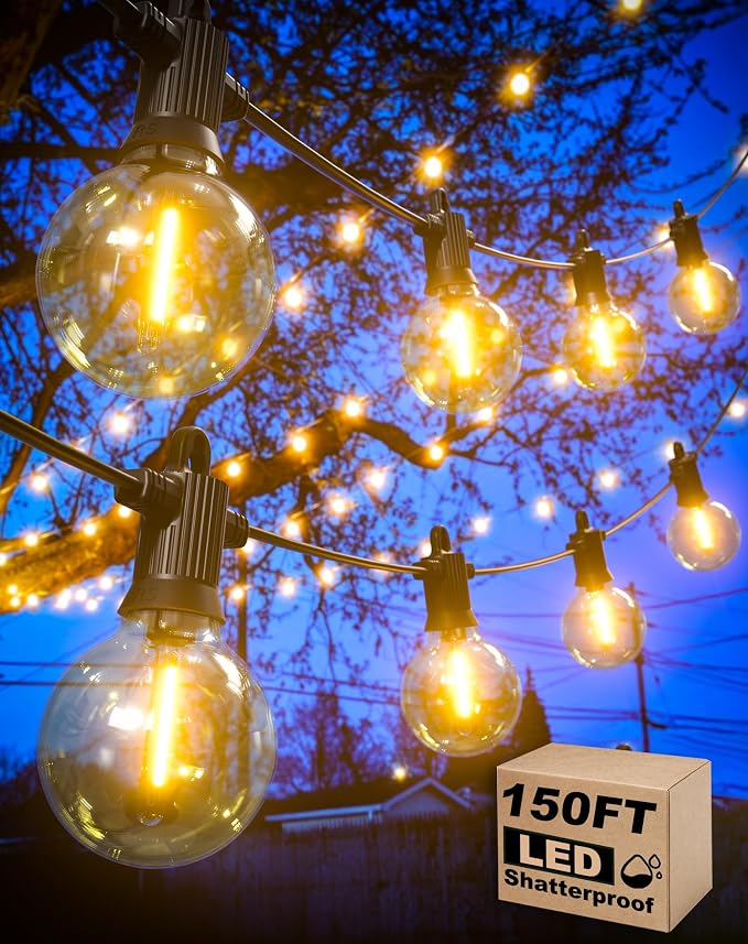 Zuske Outdoor String Lights, 150FT Patio Lights with 75 Shatterproof G40 Globe Bulb(3 Spare), Waterproof Connectable Dimmable LED Hanging Lights for Outside Backyard Porch Balcony Gazebo (2x75FT)