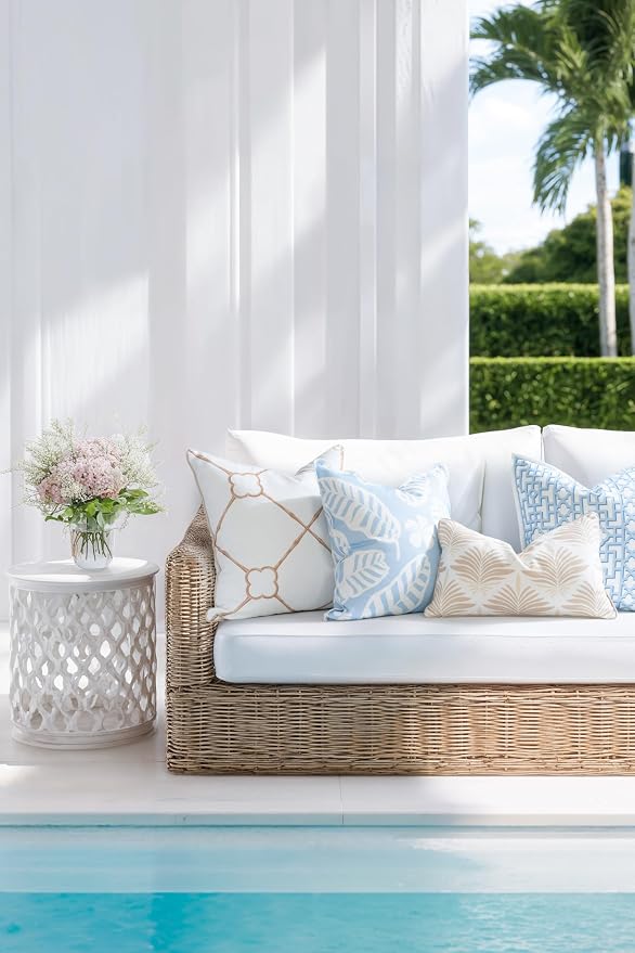 Hofdeco Premium Coastal Hampton Patio Indoor Outdoor Throw Pillow Cover Only, 22"x22" Water Repellent for Backyard, Couch, Poolside, Neutral Tan Beige Print Bamboo Trellis