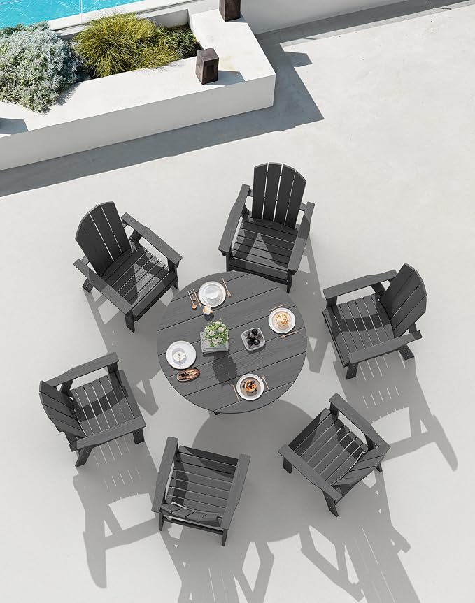 SERWALL 6-Piece Patio Dining Sets with Umbrella, HDPE Outdoor Table and Chairs Furniture Set, 45" Round Dining Table & 4 Adirondack Dining Chairs & 1 9FT Umbrella, Grey(Not Include Umbrella Base)