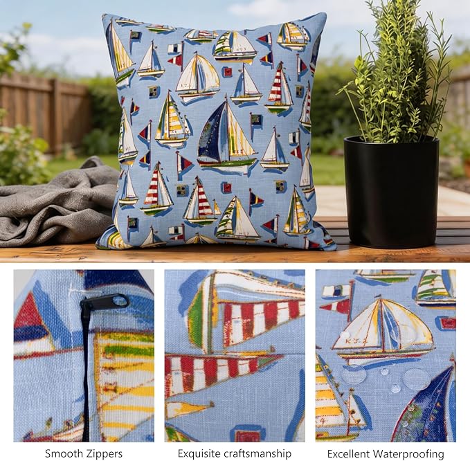 Outdoor Pillow Covers 18x18 Set of 2 Mist Sail Print, Waterproof & UV Resistant Polyester for Patio, Couch, Porch, Summer Nautical Decor
