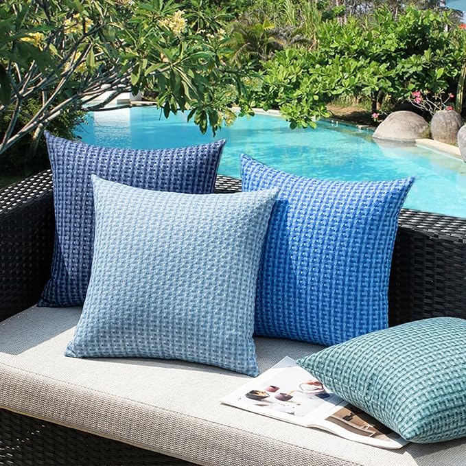 Kevin Textile Outdoor Waterproof 16"x16" Pillow Covers 2 Pack, Blue | Water Resistant Weaving Faux Linen Texture Throw Pillow Covers, Outside Decorative Pillowcases for Garden Patio Balcony Couch